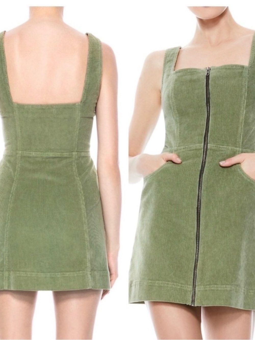 Alice + Olivia Renita Green Corduroy Sleeveless Zip Up Overall Mini Dress Size 6